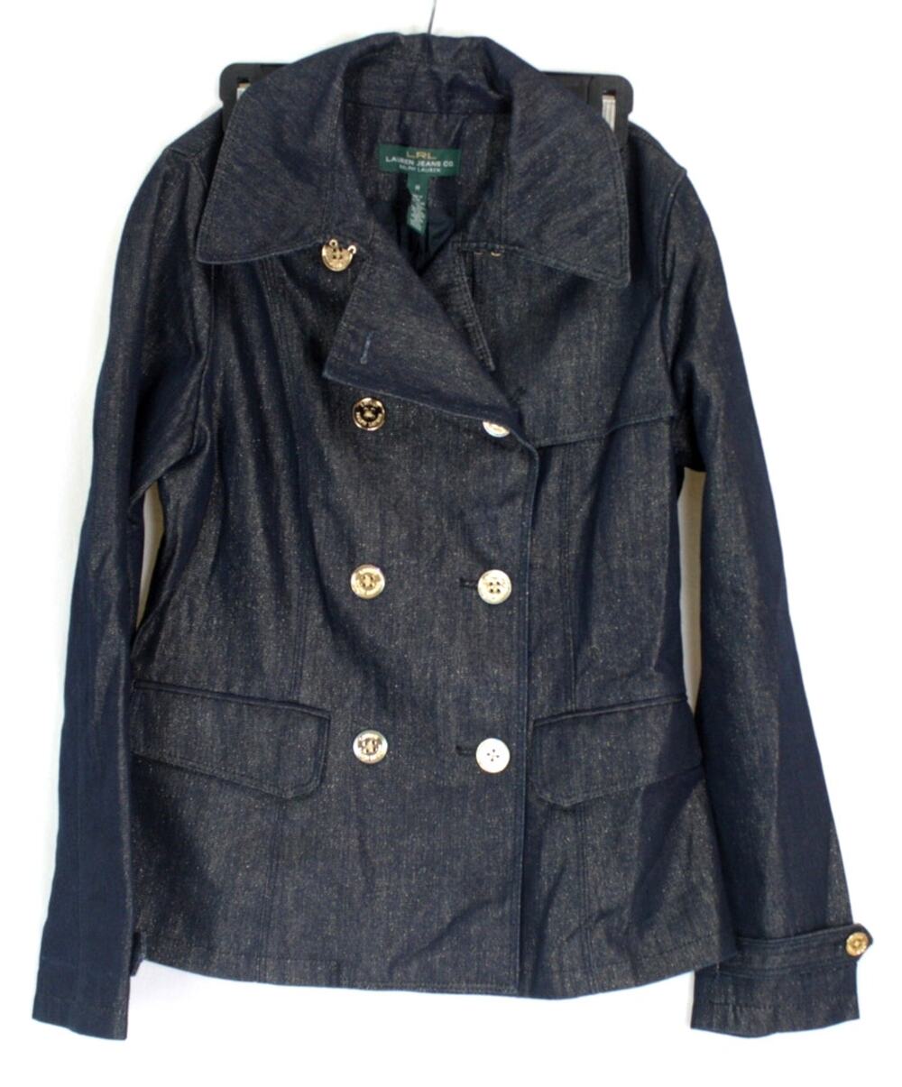 Lauren Ralph Lauren Womens Double Breasted Blue & Gold Sparkle Jean Denim Jacket